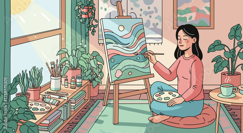A woman enjoys a peaceful morning painting on an easel in her sunlit, plant-filled apartment, expressing creativity and finding relaxation.