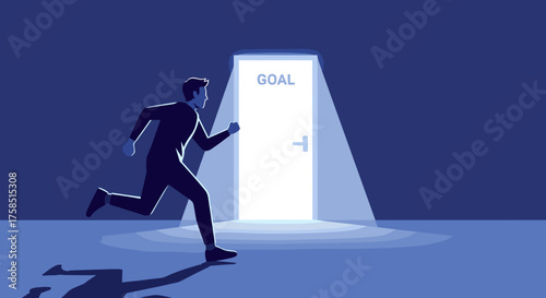 A determined businessman runs with purpose towards a brightly illuminated door, symbolizing ambition, opportunity, and the pursuit of future success.