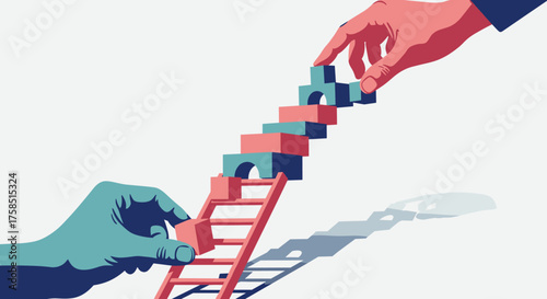 Two hands work together to construct a rising staircase of blocks, symbolizing teamwork, support, and successful progressive development.
