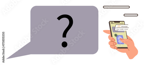 Hand holding a smartphone with a secure code text pop-up, large question mark speech bubble, and dialog elements. Ideal for communication, messaging, cybersecurity, password recovery, online