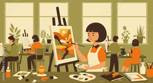 A group of diverse individuals express their creativity and learn new techniques during a vibrant, inspiring art class in a bright studio.