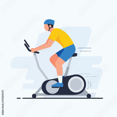 Illustration of a person wearing a helmet and sportswear riding a stationary exercise bike in a gym setting.
