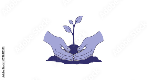 A pair of gentle hands cradles a small green plant sprout emerging from fertile soil, symbolizing environmental care and new beginnings.