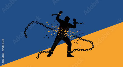 A powerful silhouette breaks free from oppressive chains against a symbolic blue and yellow background, representing liberation and hope.