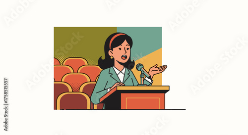 A confident female speaker delivers an engaging presentation at a professional conference, addressing an attentive audience from behind a podium.