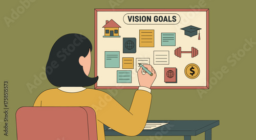 A determined person actively engages in strategic personal development, visualizing their diverse dreams and ambitions on an inspiring goal-setting display.