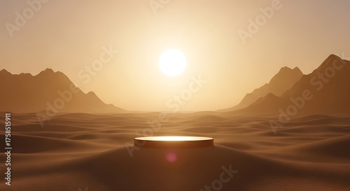 Fototapeta Naklejka Na Ścianę i Meble -  A futuristic podium stands on a sandy desert landscape under a bright sun at sunset