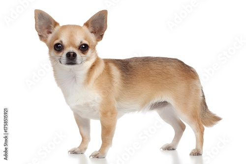 A small chihuahua dog stands alertly facing the camera showing its full body.