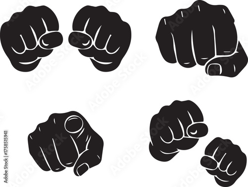 Collection of five black silhouette fist gestures showing different hand poses and directions