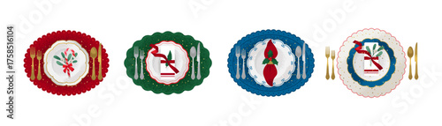 A set of Christmas plates, served with festive decorations. Cute vector illustration in a trendy textured style