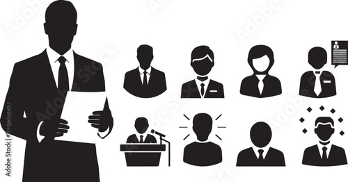 Collection of business people icons representing diverse professional roles and activities in silhouette style