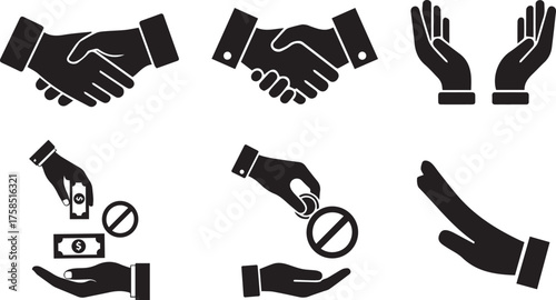 Set of six black silhouette icons representing business deals handshake and anti corruption concepts