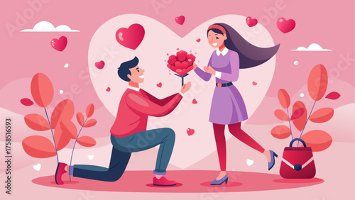 Man proposing to woman with heart bouquet