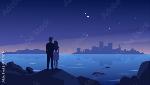 Couple watching city skyline at nighttime on transparent background silhouette