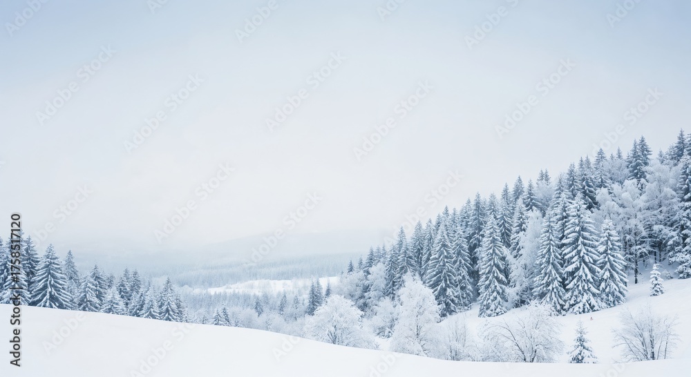 Obraz premium A Serene Winter Landscape Featuring Pine Trees Blanketed in Fresh Snow under a Soft and Overcast Sky in a Tranquil and Scenic Mountainside Environment