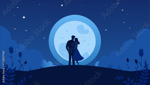 Couple silhouette under the moonlight sky on transparent background