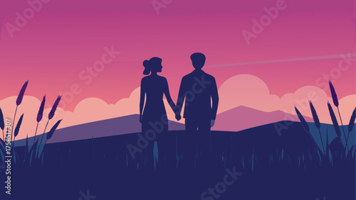 Couple silhouette holding hands at sunset on transparent background
