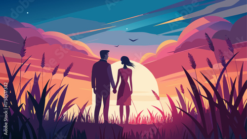 Couple holding hands at sunset landscape on transparent background silhouette