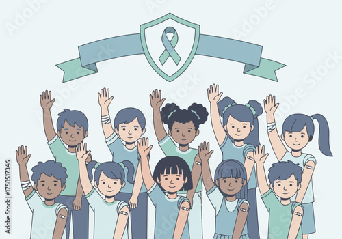 A diverse group of vaccinated children waving together. Public health and immunization campaign concept. Cartoon graphic with a protection shield and awareness ribbon.