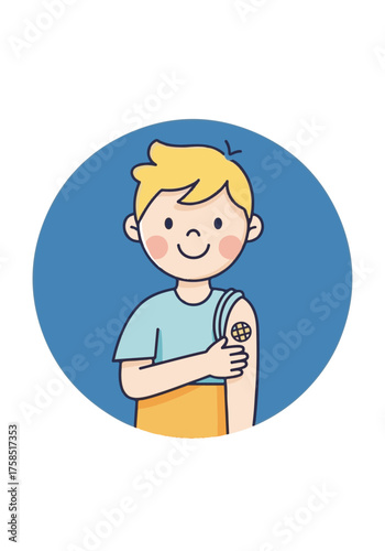 Cartoon illustration of a vaccinated child. A happy boy shows a bandage with a globe icon on his arm. Pediatric immunization and global health concept