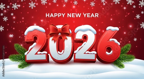 Happy New Year 2026 greeting card with 3D text covered in snow, a red gift bow, and fir branches on a festive winter background.