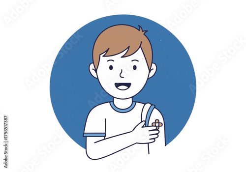 Child vaccination concept with a smiling boy and world map background. Medical immunization and public health graphic. Simple line art design