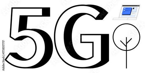 Bold 5G text, a laptop displaying content, and a minimalistic tree-thumbs up antenna symbol. Ideal for technology, networking, internet speed, telecommunication, innovation, connectivity digital