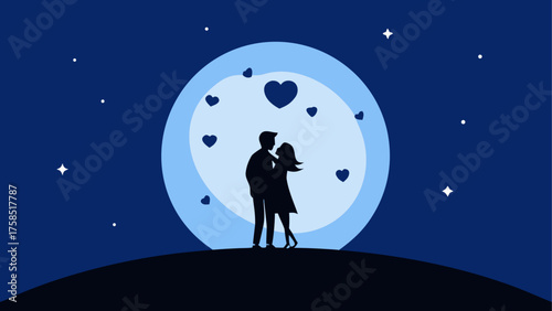 Silhouette couple under moon with hearts on transparent background