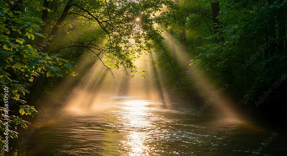Fototapeta premium Sunbeams stream through lush green forest canopy, illuminating a gentle river with mist rising from the waters surface