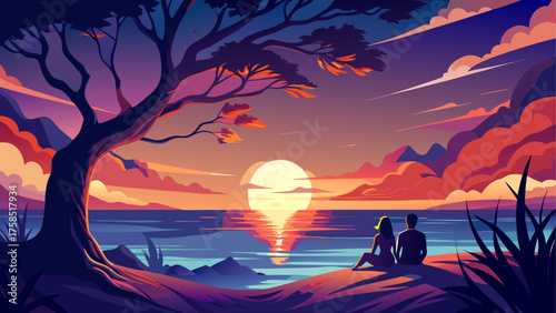 Couple watching sunset by the ocean tree on transparent background silhouette