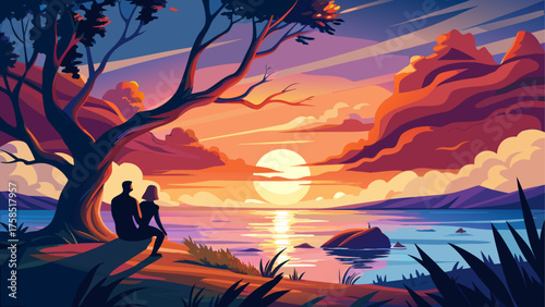 Couple watching sunset by the water edge on transparent background silhouette