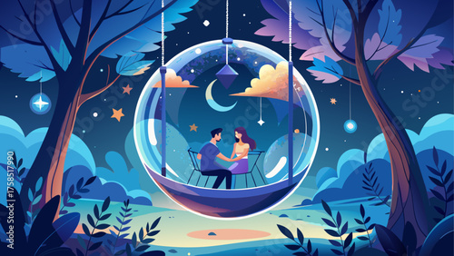 Couple in bubble swing under starry night on transparent background silhouette