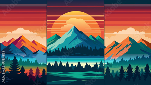 Scenic mountain landscape with sunset view on transparent background silhouette