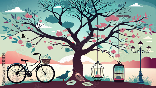 Bicycle and tree with birdcages in spring on transparent background silhouette
