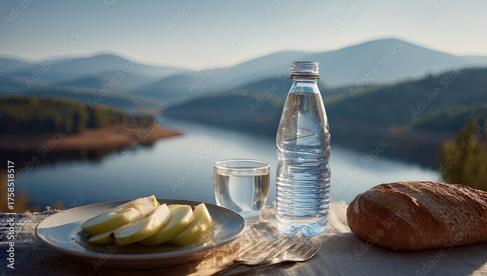Obraz premium Lakeside picnic with water and bread