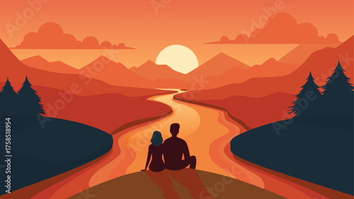 Couple watching sunset over mountain river on transparent background silhouette