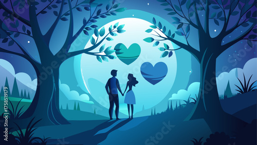 Couple holding hands under hearts and moon on transparent background silhouette