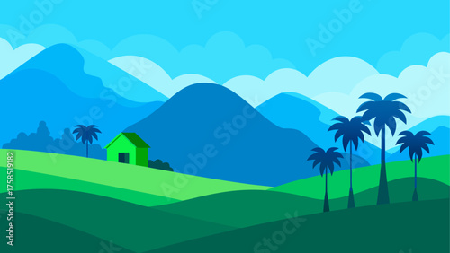 Landscape with house mountains and palms on transparent background silhouette