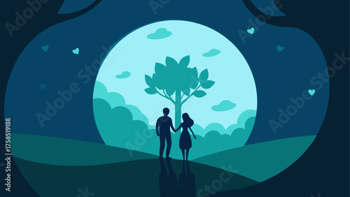 Silhouette couple under tree with moon view on transparent background