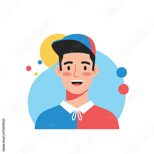 A friendly young person with a cap and a half blue half red shirt.