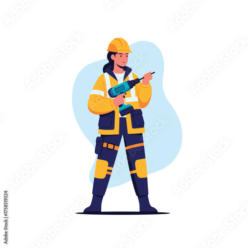 A construction worker wearing a hard hat and safety vest drills a hole with a cordless power drill.