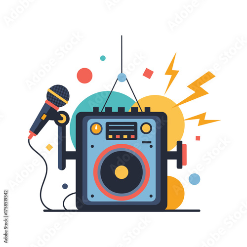 A dynamic illustration of a microphone and amplifier in full sound production.