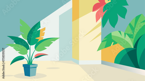 Plant in pot inside a colorful room area on transparent background silhouette