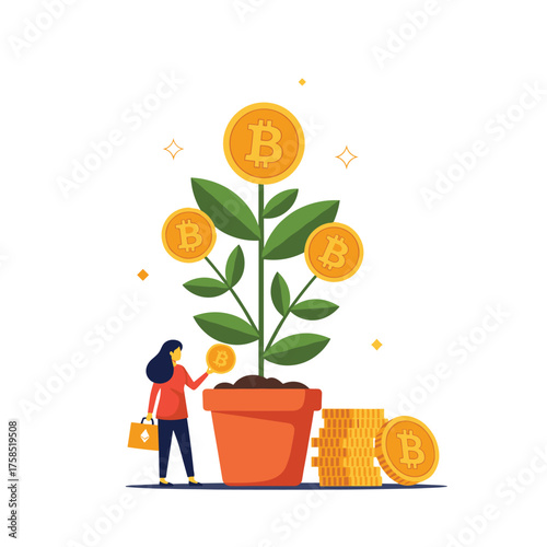 A person nurturing a plant that grows bitcoin coins symbolizing financial growth and investment.