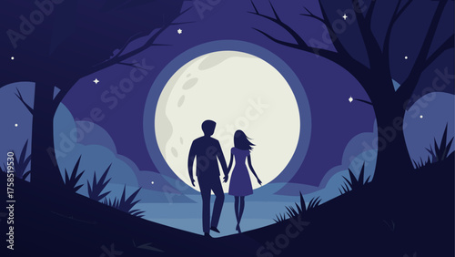 Couple walking under the moonlight night on transparent background silhouette