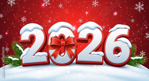Happy New Year 2026 greeting card with 3D text covered in snow, a red gift bow, and fir branches on a festive winter background.