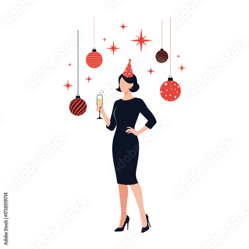 A woman in a festive party hat holds a champagne flute celebrating holidays and special occasions.