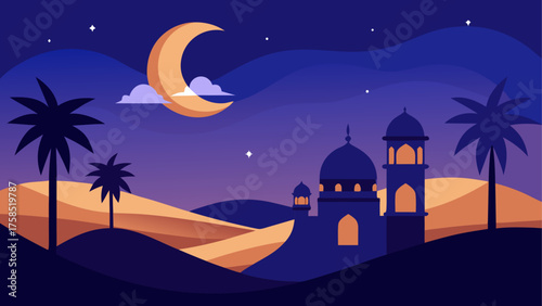 Night landscape with mosque and moon view on transparent background silhouette