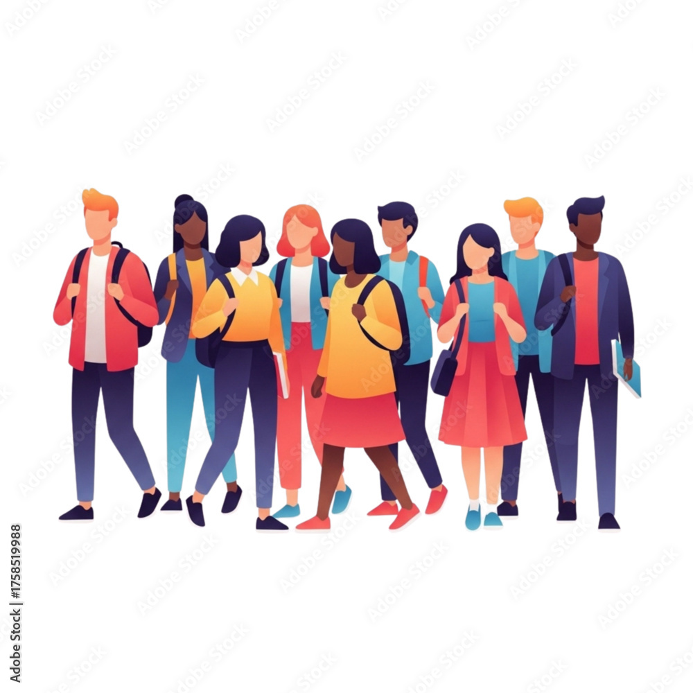 Obraz premium Diverse group of students walking together on college campus, carrying backpacks and books, showcasing unity and academic pursuit in a vibrant and inclusive atmosphere.