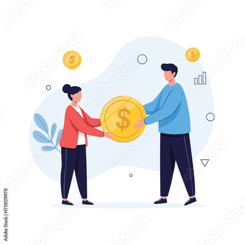 Financial exchange between two individuals symbolizing investment and profit.